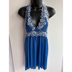 Blue Slip Lace Nightgown Size XL Nylon Sleepwear Lingerie Sexy Embroidered